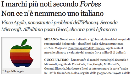 Screenshot del Corriere della Sera con il vecchio logo di Apple