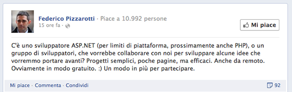 Screenshot di Facebook della pagina di Pizzarotti