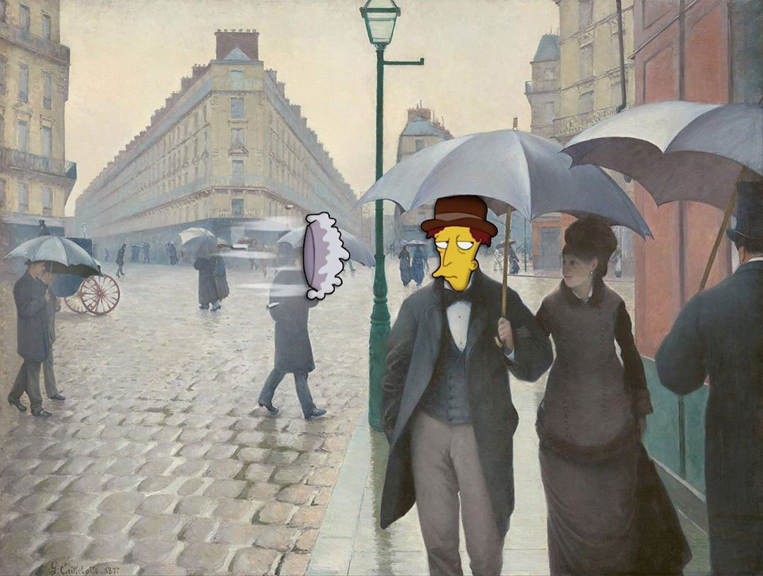 Fine Art Simpsons - Strada di Parigi in un giorno di pioggia (Caillebotte)